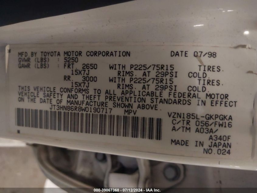 1998 Toyota 4Runner Sr5 V6 VIN: JT3HN86R8W0190717 Lot: 39867368