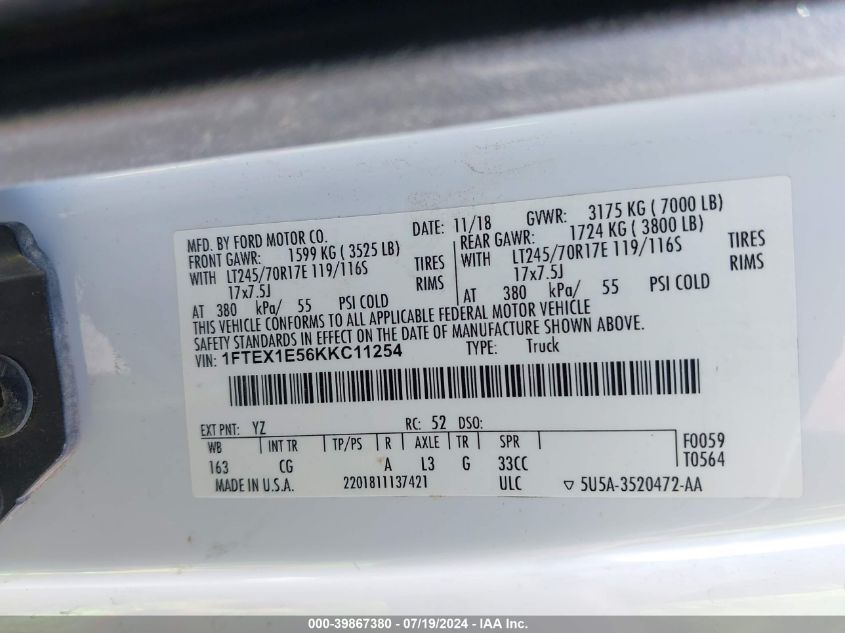 2019 Ford F150 Super Cab VIN: 1FTEX1E56KKC11254 Lot: 39867380