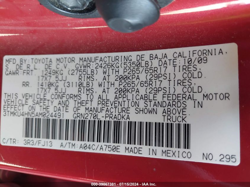 2010 Toyota Tacoma Prerunner V6 VIN: 3TMKU4HN5AM024491 Lot: 39867381