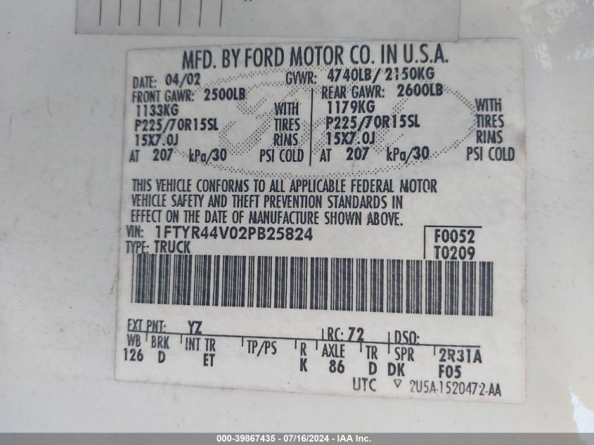 2002 Ford Ranger Super Cab VIN: 1FTYR44V02PB25824 Lot: 39867435