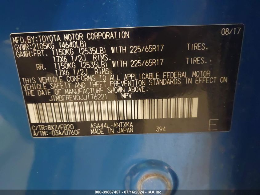 2018 TOYOTA RAV4 LE - JTMBFREV0JJ176221