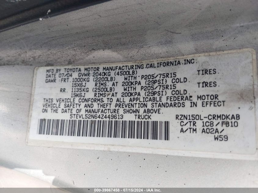 2004 Toyota Tacoma VIN: 5TEVL52N64Z449613 Lot: 39867458