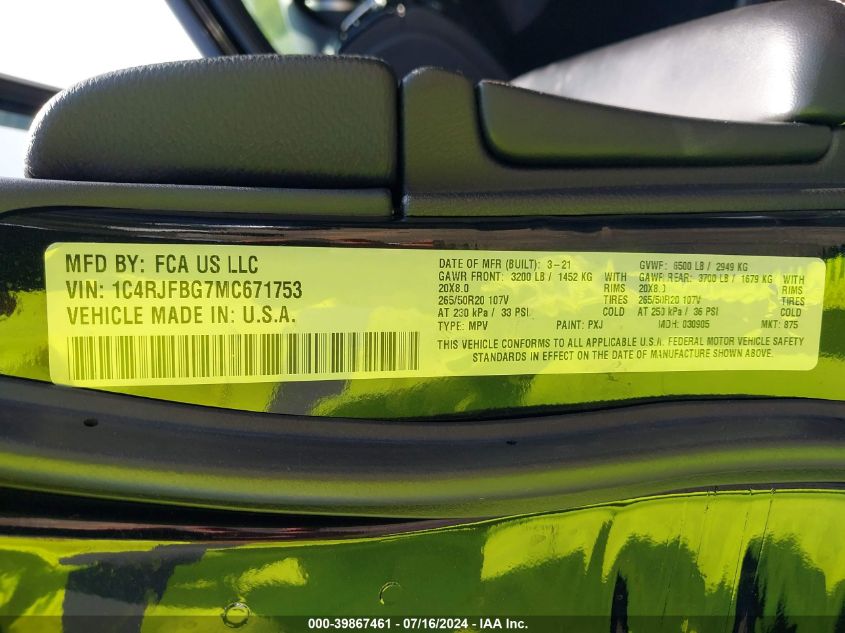 2021 Jeep Grand Cherokee 80Th Anniversary 4X4 VIN: 1C4RJFBG7MC671753 Lot: 39867461