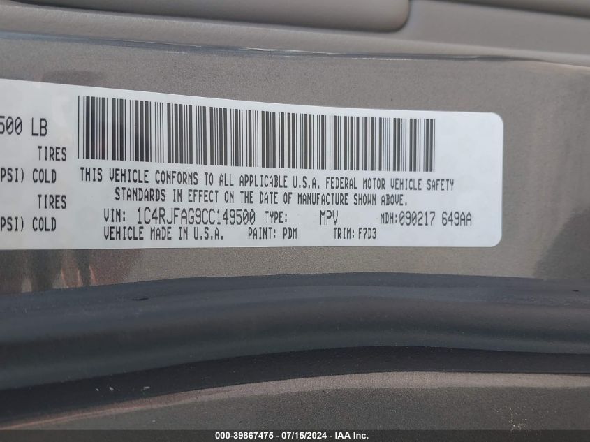 2012 Jeep Grand Cherokee Laredo VIN: 1C4RJFAG9CC149500 Lot: 39867475