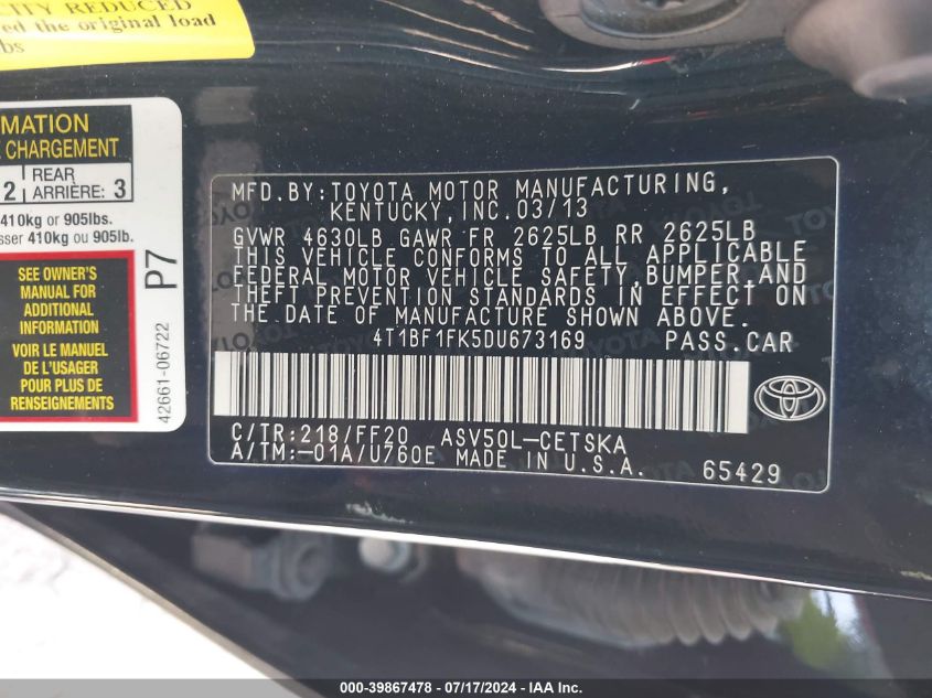 2013 Toyota Camry Se VIN: 4T1BF1FK5DU673169 Lot: 39867478