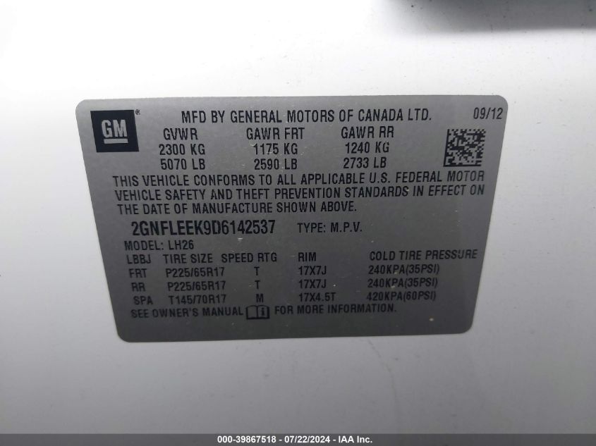 2013 Chevrolet Equinox 1Lt VIN: 2GNFLEEK9D6142537 Lot: 39867518