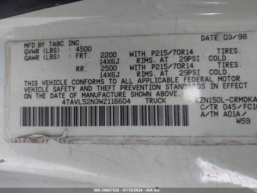 1998 Toyota Tacoma VIN: 4TAVL52N3WZ116604 Lot: 39867526