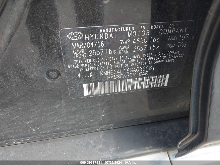 2016 Hyundai Sonata Hybrid Se VIN: KMHE24L16GA039381 Lot: 39867531