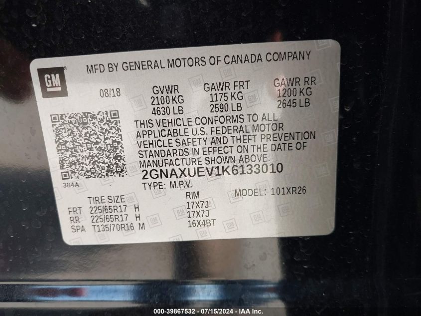 2019 Chevrolet Equinox Lt VIN: 2GNAXUEV1K6133010 Lot: 39867532