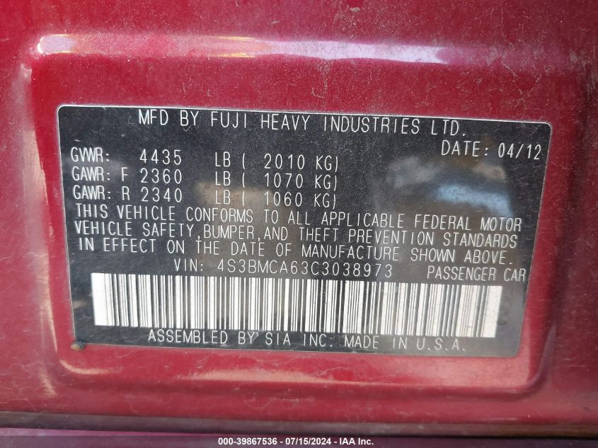 2012 Subaru Legacy 2.5I VIN: 4S3BMCA63C3038973 Lot: 39867536
