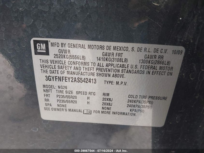 2010 Cadillac Srx Premium Collection VIN: 3GYFNFEY2AS542413 Lot: 39867544