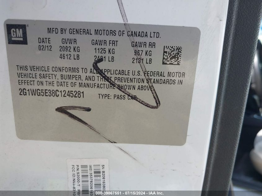 2012 Chevrolet Impala Lt VIN: 2G1WG5E38C1245281 Lot: 39867551