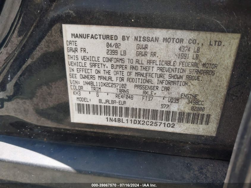 1N4BL11DX2C257102 2002 Nissan Altima 3.5 Se