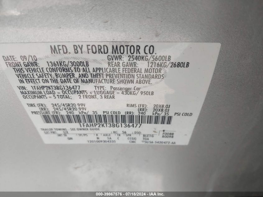 1FAHP2KT3BG136477 2011 Ford Taurus Sho