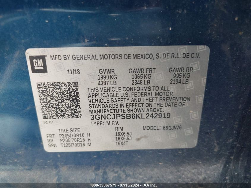 2019 Chevrolet Trax Lt VIN: 3GNCJPSB6KL242919 Lot: 39867579