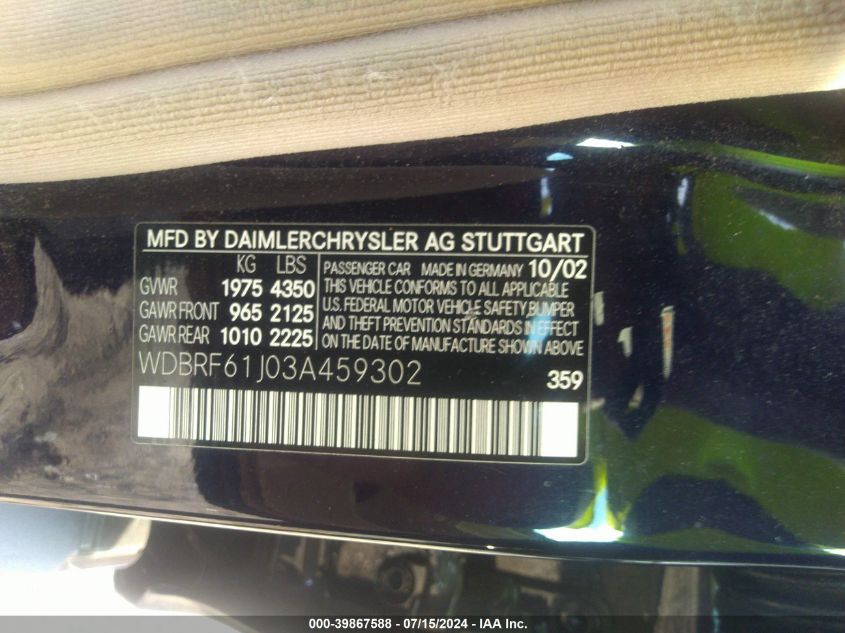 2003 Mercedes-Benz C 240 VIN: WDBRF61J03A459302 Lot: 39867588