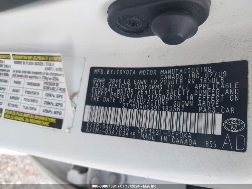 2009 Toyota Corolla S/Le/Xle VIN: 2T1BU40E59C185567 Lot: 39867591