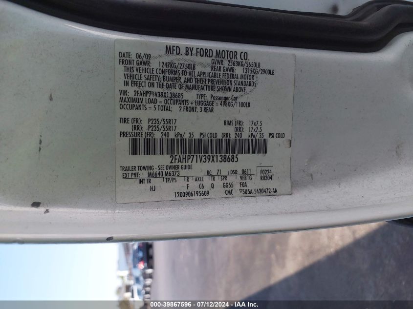 2009 Ford Crown Victoria Police/Police Interceptor VIN: 2FAHP71V39X138685 Lot: 39867596