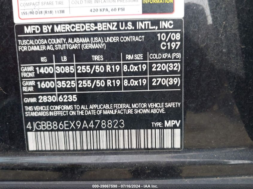 2009 Mercedes-Benz Ml 350 4Matic VIN: 4JGBB86EX9A478823 Lot: 39867598