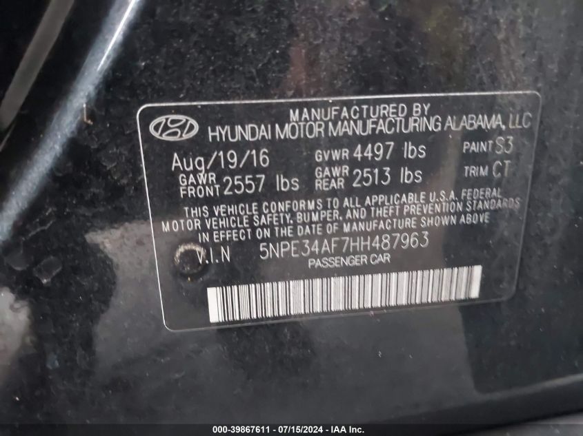 2017 Hyundai Sonata Sport VIN: 5NPE34AF7HH487963 Lot: 39867611