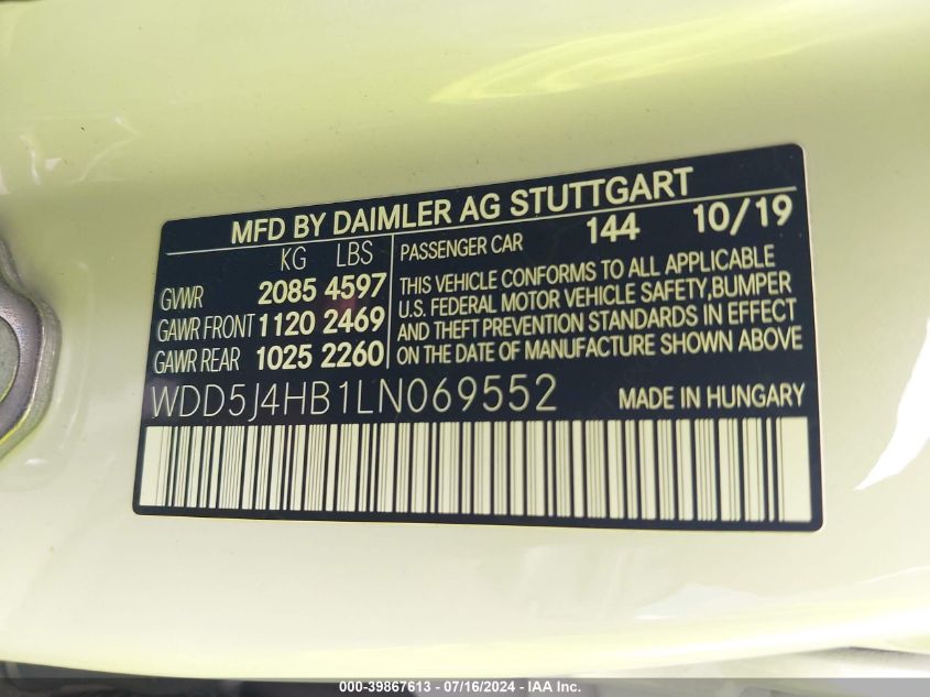 2020 Mercedes-Benz Cla 250 4Matic VIN: WDD5J4HB1LN069552 Lot: 39867613