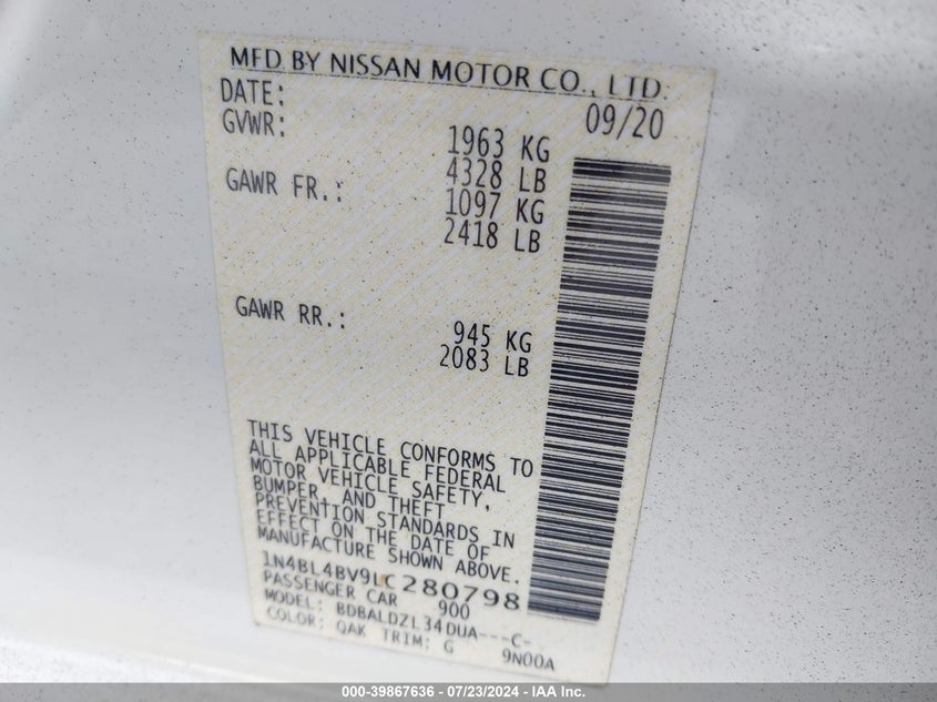 2020 Nissan Altima S VIN: 1N4BL4BV9LC280798 Lot: 39867636