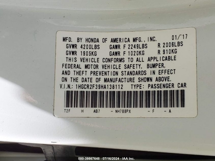 1HGCR2F39HA138112 2017 Honda Accord Lx