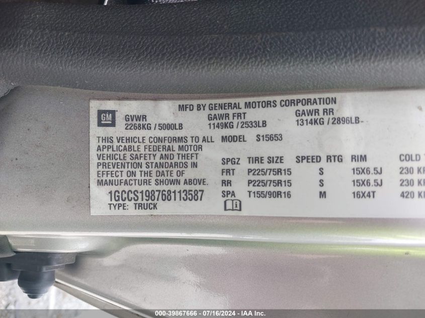 2006 Chevrolet Colorado VIN: 1GCCS198768113587 Lot: 39867666