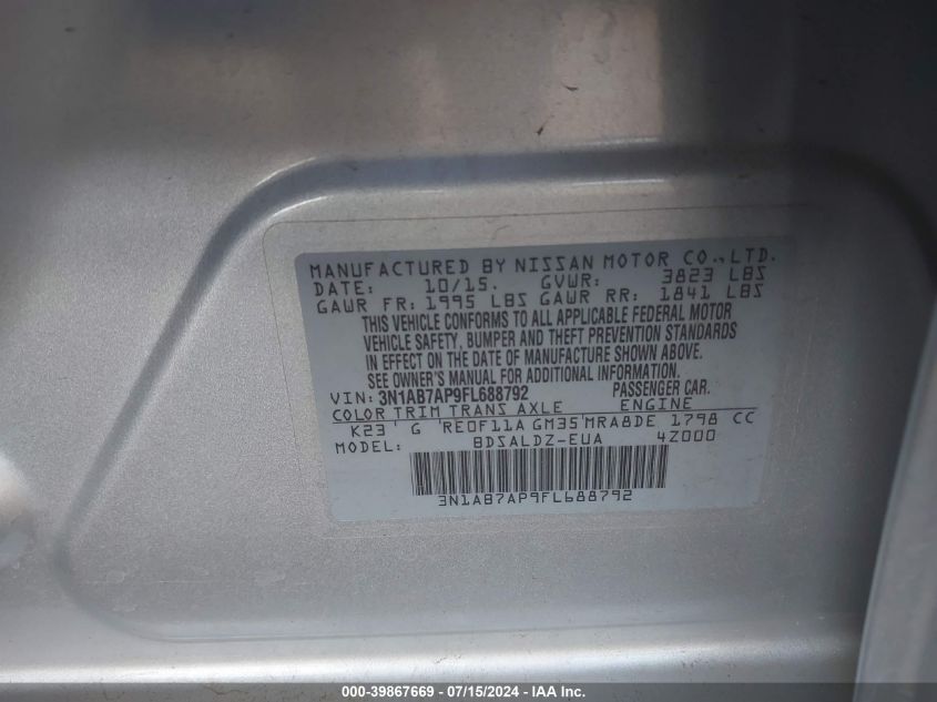 2015 Nissan Sentra Sv VIN: 3N1AB7AP9FL688792 Lot: 39867669