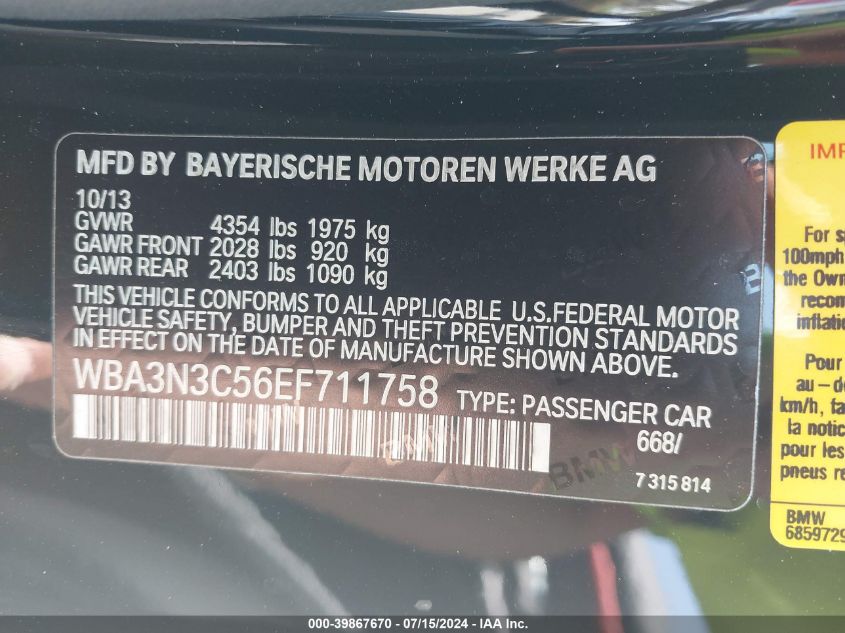 2014 BMW 428I VIN: WBA3N3C56EF711758 Lot: 39867670