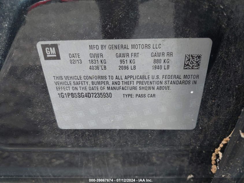 2013 Chevrolet Cruze Ls Manual VIN: 1G1PB5SG4D7235930 Lot: 39867674