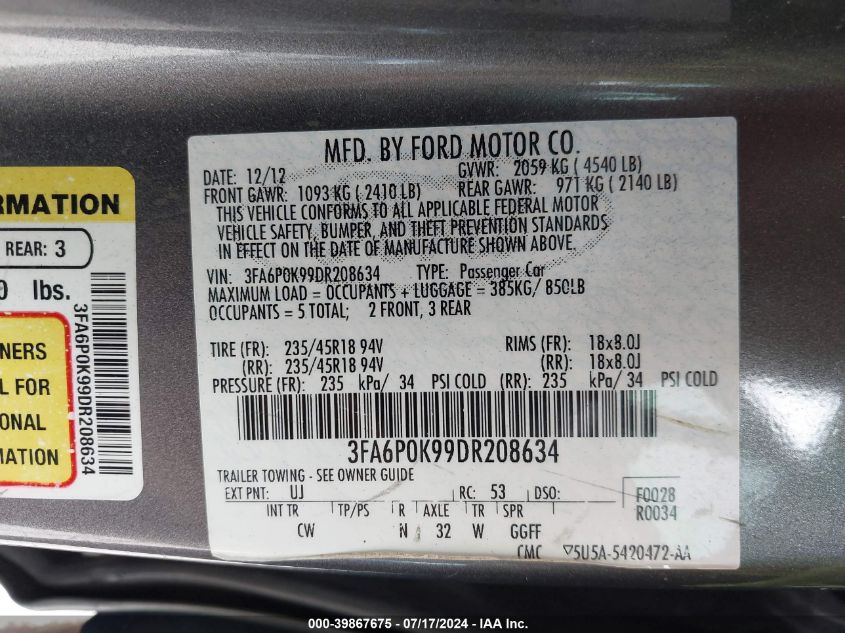 2013 FORD FUSION TITANIUM - 3FA6P0K99DR208634