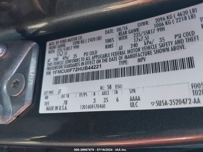 2017 Ford Escape S VIN: 1FMCU0F72HUB44221 Lot: 39867678