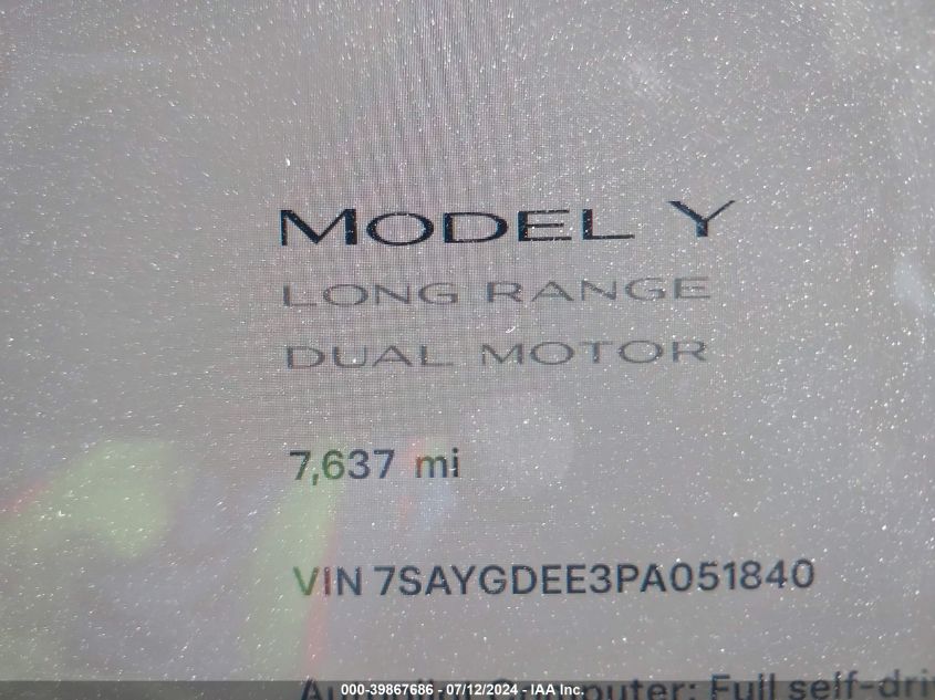 7SAYGDEE3PA051840 2023 Tesla Model Y