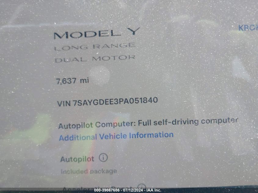 7SAYGDEE3PA051840 2023 Tesla Model Y