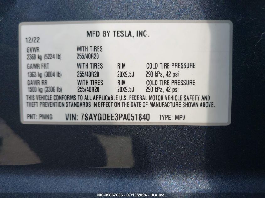 7SAYGDEE3PA051840 2023 Tesla Model Y