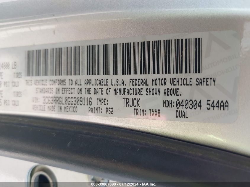 2016 Ram 3500 Tradesman VIN: 3C63RRGL0GG309116 Lot: 39867690