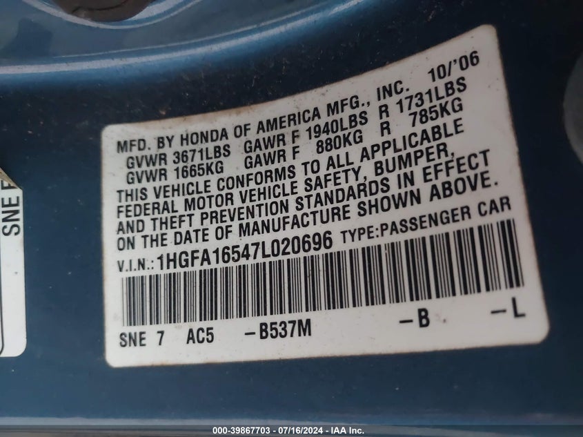 2007 Honda Civic Lx VIN: 1HGFA16547L020696 Lot: 39867703