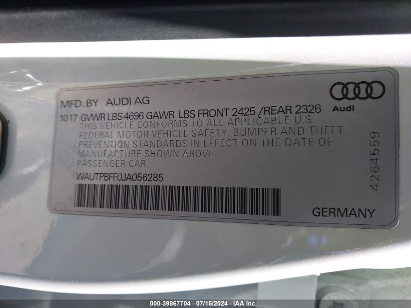 2018 Audi A3 E-Tron 1.4T Premium/1.4T Tech Premium VIN: WAUTPBFF0JA056285 Lot: 39867704