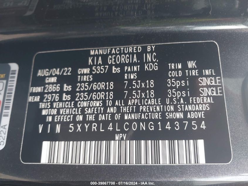 5XYRL4LC0NG143754 2022 Kia Sorento S