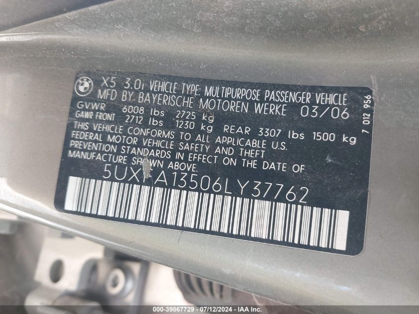 2006 BMW X5 3.0I VIN: 5UXFA13506LY37762 Lot: 39867729
