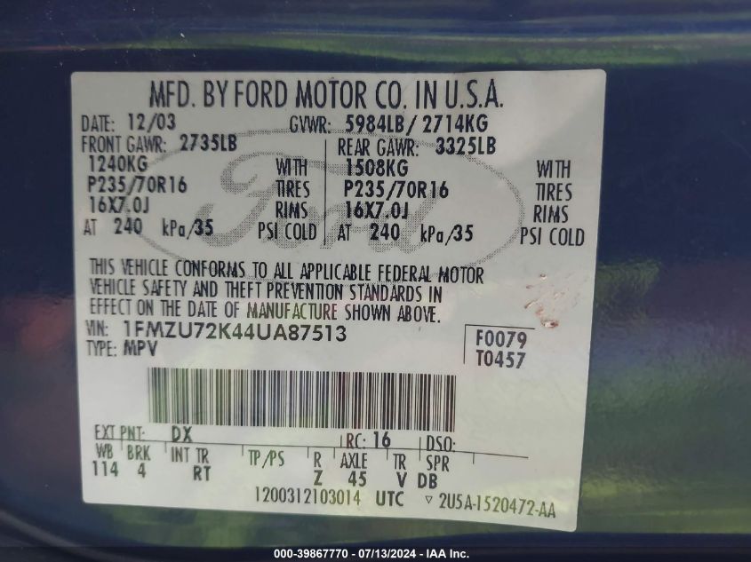 2004 Ford Explorer Xls VIN: 1FMZU72K44UA87513 Lot: 39867770