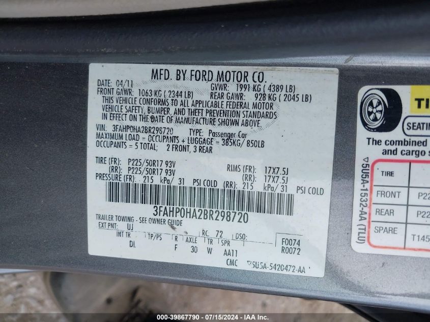 2011 Ford Fusion Se VIN: 3FAHP0HA2BR298720 Lot: 39867790