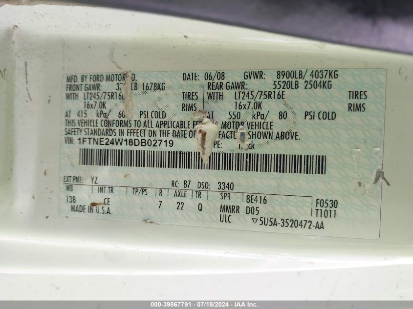 2008 Ford E-250 Commercial/Recreational VIN: 1FTNE24W18DB02719 Lot: 39867791