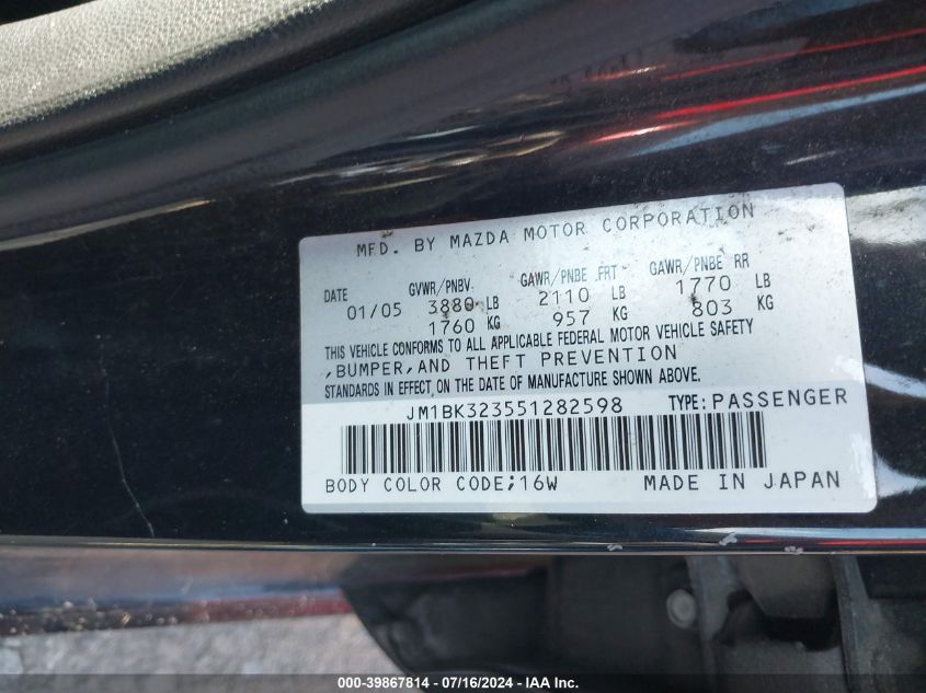 2005 Mazda Mazda3 S VIN: JM1BK323551282598 Lot: 39867814
