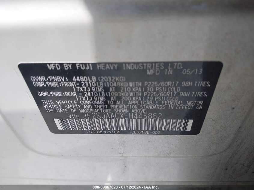 2014 Subaru Forester 2.5I VIN: JF2SJAACXEH445862 Lot: 39867828