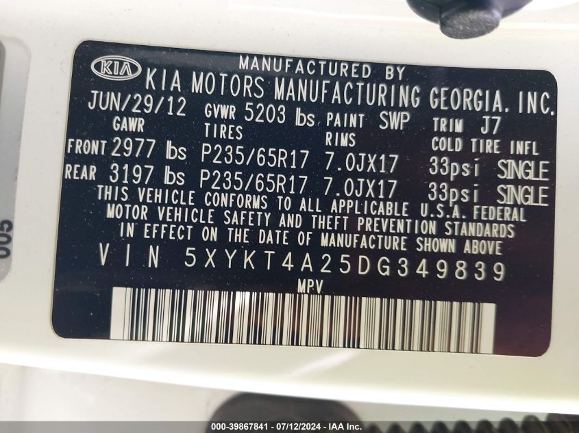 2013 Kia Sorento Lx V6 VIN: 5XYKT4A25DG349839 Lot: 39867841