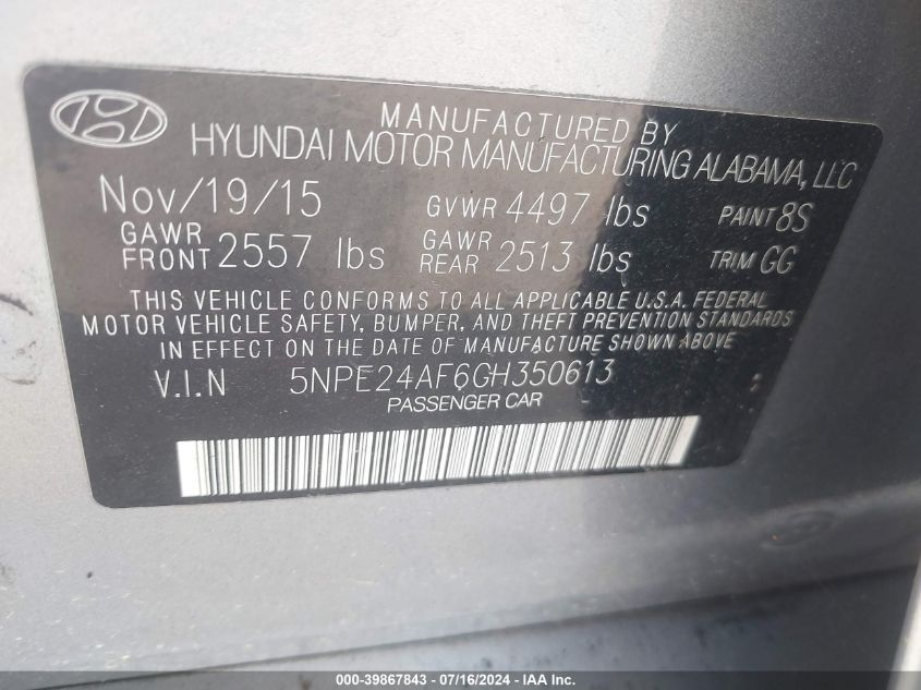 2016 Hyundai Sonata Se VIN: 5NPE24AF6GH350613 Lot: 39867843