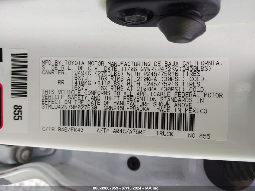 2009 Toyota Tacoma Base V6 VIN: 3TMLU42N79M027630 Lot: 39867859