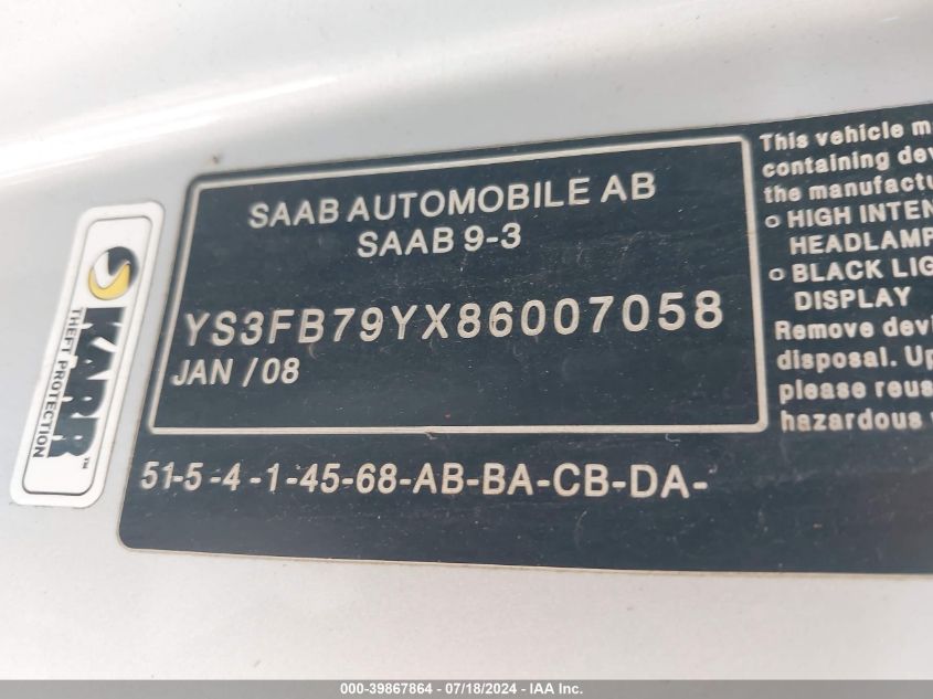 YS3FB79YX86007058 2008 Saab 9-3 2.0T